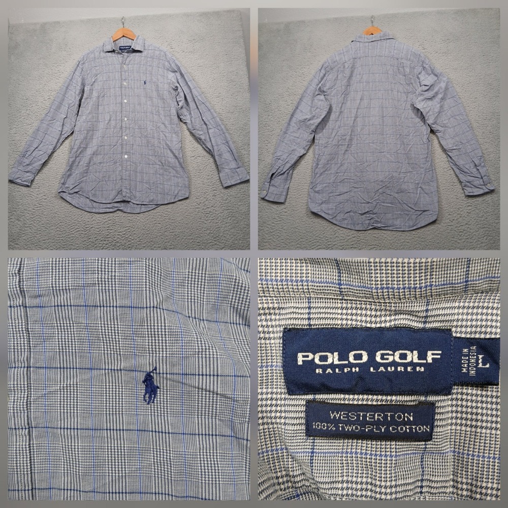 Polo Golf Ralph Lauren Westerton Shirt Men's L Blue Plaid Two-Ply Cotton